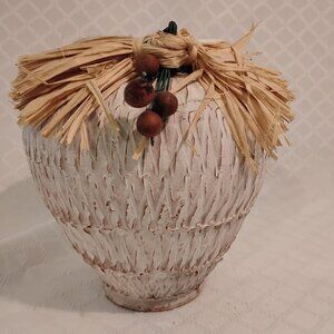 Heavy Southwestern Style Clay Vase W/Raffia Straw & Beaded Fruit
